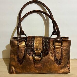 Y2K Metallic Copper Faux Leather Shoulder Bag Purse Baguette Croc Embossed 12X13